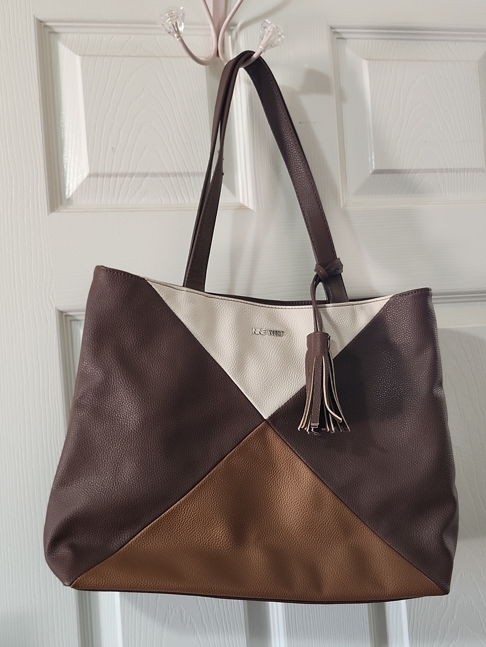 Nine West Brown, Cream & Tan Colorblock Tote with Tassel